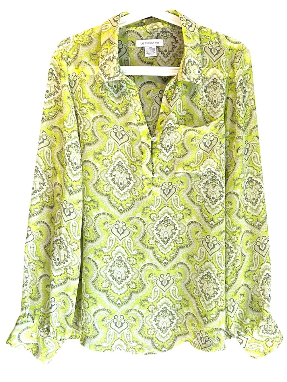 Liz Claiborne Lime Green Paisley Print Long Sleeve Blouse